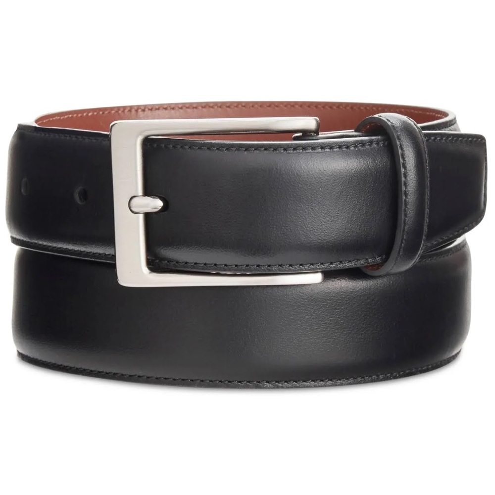 Perry Ellis Men’s Black Leather Belt Classic Silver Buckle